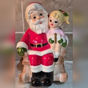 Vntge Ceramic Music Box, Lunds Lites Santa Claus In Rocking Chair, Made In JAPAN